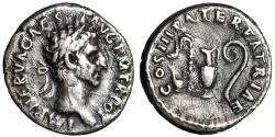 Ancient Coins - Nerva AR Denarius "Sacrificial Implements" Very Fine Toned