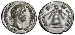 Ancient Coins - Antoninus Pius AR Denarius "Modius, Grain and Poppy" Extremely Fine