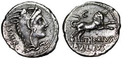 Ancient Coins - L Thorius Balbus AR Denarius "Juno Sospita & Bull Charging" Good Very Fine