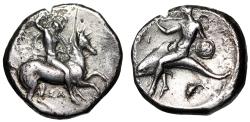 Ancient Coins - Calabria, Tarentum AR Nomos "Horse Rider Spearing / Dolphin Rider, Murex"
