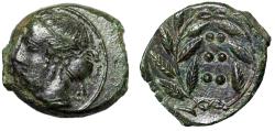 Ancient Coins - Sicily, Himera AE Hemilitron "Nymph Himera & Six Pellets in Wreath" EF