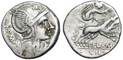 Ancient Coins - L Flaminius Chilo AR Denarius "Roma & Victory Driving Biga" Very Fine