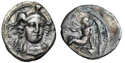 Ancient Coins - Sicily, Morgantina AR 1 1/4 Litra "Athena Facing / Nike Seated" Very Rare
