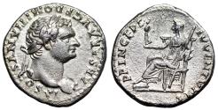 Ancient Coins - Domitian as Caesar AR Denarius "Vesta Enthroned" About Extremely Fine