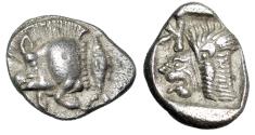 Ancient Coins - Mysia, Kyzikos AR Obol "Bull / Lion, Retrograde K" Extremely Fine
