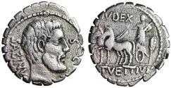 Ancient Coins - T Vettius Sabinus AR Serrate Denarius "Tatius Portrait & Biga" Very Fine
