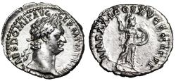 Ancient Coins - Domitian AR Denarius "Portrait & Minerva Throwing Spear" 90 AD Good VF Bright