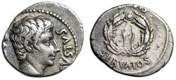 Ancient Coins - Augustus AR Denarius "OB CIVIS SERVATOS in Laureate Wreath" Very Fine
