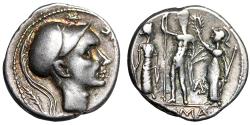 Ancient Coins - Cn. Cornelius Blasio AR Denarius "Helmeted Male / Jupiter, Juno, Minerva"