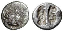 Ancient Coins - Ionia or Caria, Uncertain AR Obol "Gorgon Facing / Two Segment Incuse" Very Rare