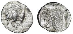 Ancient Coins - Mysia, Kyzikos (Cycius) AR Hemiobol "Boar & Roaring Lion" Extremely Fine