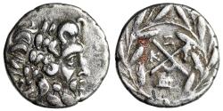 Ancient Coins - Achaia, Megalopolis AR Hemidrachm "Zeus & Monogram in Wreath, Syrinx"
