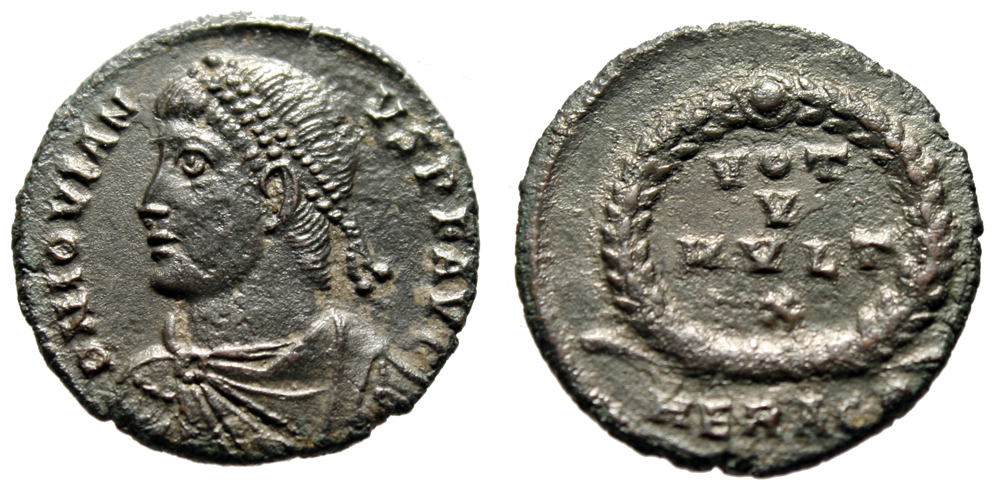 Jovian AE3 VOT V MVLT X in Wreath Heraclea 363-364 AD RIC 110