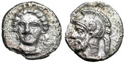 Ancient Coins - Cilicia, Tarsos (Tarsus) AR Obol "Female Facing / Helmeted Male" Good Very Fine