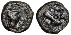 Ancient Coins - Lucania, Paestum (Poseidonia) AE Semis "Helmeted Bust / Clasped Hands"