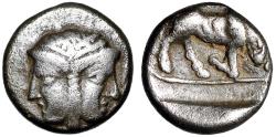 Ancient Coins - Asia Minor, Uncertain AR Hemiobol "Janiform Head & Bull" Very Rare