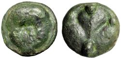 Ancient Coins - Sicily, Selinos AE Tetras "Facing Gorgon & Selinon Leaf, Three Pellets"