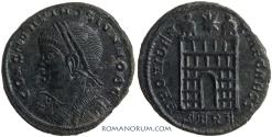 Ancient Coins - CONSTANTINE II. AE 3, 2.26g. Trier. Beautiful deep green patina, silvering spots. Chubby 11 y/o boy.