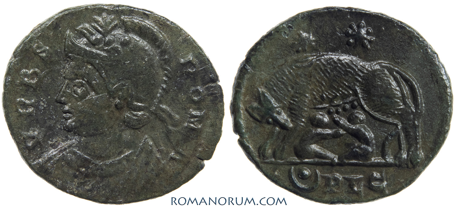 VRBS ROMA commemorative. AE3, 2.14g. Lugdunum. Romulus and Remus