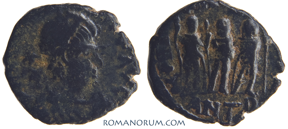 ARCADIUS. (AD 383-408) AE4, 1.06g. Antioch. Three Emperors