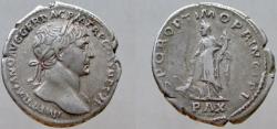 Ancient Coins - Trajan, 98-117 AD. AR Denarius. Pax holding cornucopiae and setting fire to pile of arms.