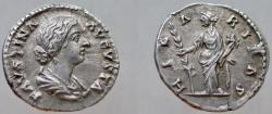 Ancient Coins - Faustina Junior, Augusta, 147-175 AD. AR Denarius. Hilaritas holding palm branch and cornucopiae.