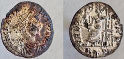 Ancient Coins - Gratian. 367-383 AD. AR siliqua. VRBS ROMA, Roma enthroned left holding Victory.