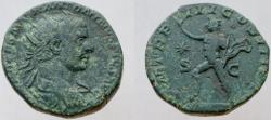 Ancient Coins - Elagabalus, 218-222 AD. Æ Dupondius. Sol advancing left, extending his right hand and holding whip.