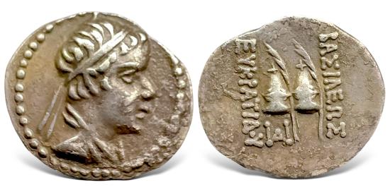 Ancient Coins - Baktria, Greco-Baktrian Kingdom. Eukratides I. (Circa 170-145 BC). AR Obol.