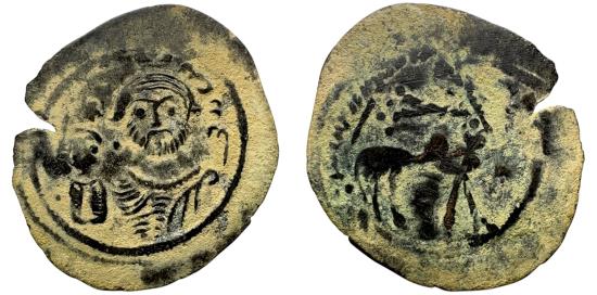 Ancient Coins - Islamic, Arab Sasanian (Umayyad Caliphate AH 65-86/ AD 685-705). Abay. AE Pashiz. Rare