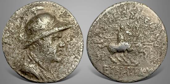 Ancient Coins - Baktrian Kings. Eukratides I. (Circa 170-145 BC). AR Drachm. Bargain price.