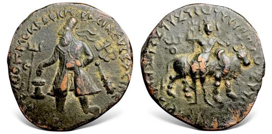 Ancient Coins - India Kushans, Vima Kadphises. (Circa 100-128 AD). AE Tetradrachm. Choice & attractive.