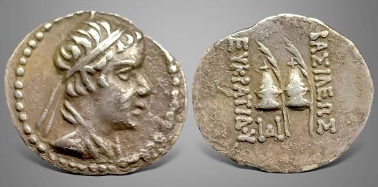 Ancient Coins - Baktria, Greco-Baktrian Kingdom. Eukratides I. (Circa 170-145 BC). AR Obol.