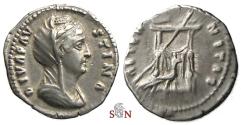 Ancient Coins - Diva Faustina I. Denarius - AETERNITAS - draped throne with peacock - RIC 353