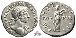 Ancient Coins - Hadrianus Denarius - VOT PVB - Pietas stg. right - RIC 113