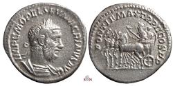 Ancient Coins - Macrinus Denarius - Macrinus in triumphal quadriga - RIC 36