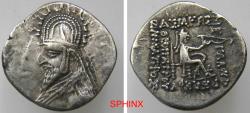 Ancient Coins - 451KL6Z) KINGS of PARTHIA. Sinatrukes. 93/2-70/69 BC. AR Drachm (19 mm, 4.03 g, 12h). Rhagai mint. Bust left, wearing tiara decorated with horn and stags / Archer (Arsakes I) seate