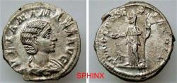 Ancient Coins - 230GR2Y) Julia Mamaea. Augusta, AD 222-235. AR Denarius (19 mm, 3.31 g, 6h). Rome mint. 1st emission of Severus Alexander, AD 222. Draped bust right / Juno Conservatrix standing le