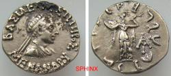 Ancient Coins - 555HM5R) BAKTRIA, Indo-Greek Kingdom. Menander I Soter. Circa 155–130 BC. AR Drachm (16 mm, 2.45 g). Obverse: Diademed and draped bust right. Reverse: Athena Alkidemos advancing EF
