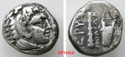 Ancient Coins - 956CCR6Z) IONIA, Erythrai. Circa 325-315 BC. AR Drachm (14 mm, 3.49 g, 6h). Rhodian standard. Molion, magistrate. Head of Herakles right, wearing lion skin / Club and bowcase; VF