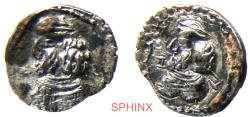 Ancient Coins - 906EK4V) KINGS of PERSIS. Pakōr (Pakor) II. 1st century AD. AR Obol (9 mm, 0.63 g). Bearded bust left, wearing diadem / Bearded bust left, wearing diadem. K&M 4/37; Alram 594 (Pakō