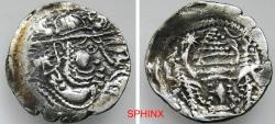 Ancient Coins - 629KR3Y) INDIA, Post-Gupta (Gujura Confederacy). Gujuras of Sindh. Circa AD 570-712. AR Drachm (22 mm, 4.06 g). Crowned Sasanian-style bust right resembling that of Peroz I, wearin