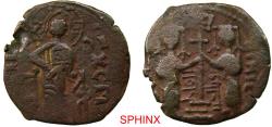 Ancient Coins - 764GR2Z)  ZANGIDS OF ALEPPO, NUR AL-DIN MAHMUD, 541-569 AH / 1146-1174 AD, AE FALS, 22 mm, 3.49 grms, BYZANTINE TYPE WITH ARABIC LEGENDS : OBV. AL ADEL NUR AL DIN; REV. MAHMUD MALE