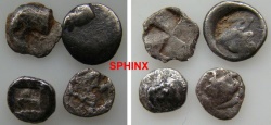 Ancient Coins - 980RF17) Study group of 4 Asia minor AR fractions; All identifiable each around 1 grm or less and under 10 mm;   Need a good 10X loupe and some patience. 