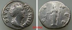 Ancient Coins - 2KK4P) Diva Faustina Senior. Died AD 140/1. AR Denarius (17 mm, 3.13 g). Rome mint. Struck under Antoninus Pius, circa AD 146-161. Draped bust right, wearing pearls bound on top of