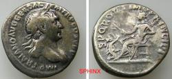 Ancient Coins - 601FR6Z) RARE; Trajan. AD 98-117. AR Denarius. 3.24 grms, 18.5 mm, Rome mint. Struck circa AD 106-107. Laureate head right / Pax seated left, holding up olive branch and scepter;
