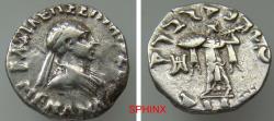 Ancient Coins - 155RK5U) BAKTRIA, Indo-Greek Kingdom. Menander I Soter. Circa 155-130 BC. AR Drachm (15.5 mm, 2.50 g). Diademed and draped bust right / Athena Alkidemos advancing left; monogram to