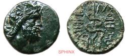 Ancient Coins - 434LR2Y) MYSIA, Pergamon. Circa 133-27 BC. AE 15 mm (3.12 grms). Laureate head of Asklepios right / Serpent-entwined staff of Asklepios. SNG France 1828-48; SNG Copenhagen 370-6.