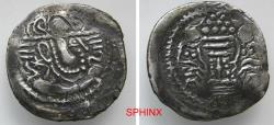 Ancient Coins - 621KR3Y) INDIA, Post-Gupta (Gujura Confederacy). Gujuras of Sindh. Circa AD 570-712. AR Drachm (22 mm, 4.01 g). Crowned Sasanian-style bust right resembling that of Peroz I, wearin