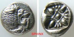 Ancient Coins - 162RK5U) IONIA, Miletos. Late 6th-early 5th century BC. AR Obol – Hemihekte (10 mm, 1.09 g). Forepart of lion left, head reverted right / Stellate pattern within incuse square VF